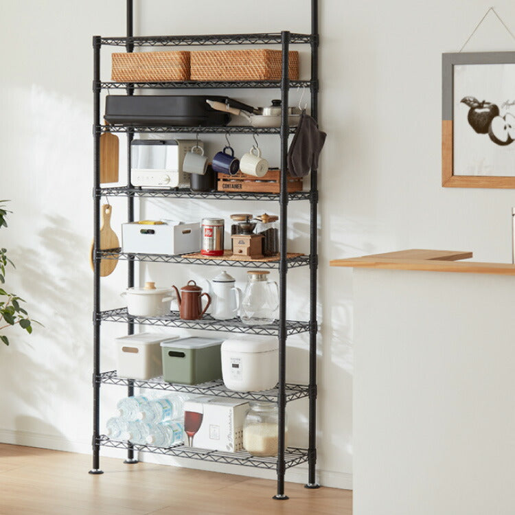 ネーロ 突っ張りラック スチールラック 幅90 奥行き30 8段 オープンラック 大容量 ラック スチール 収納 ヴィンテージ おしゃれ スリム ワイド コンパクト 薄型 棚 つっぱり棚 ツッパリ棚 壁面収納(代引不可)