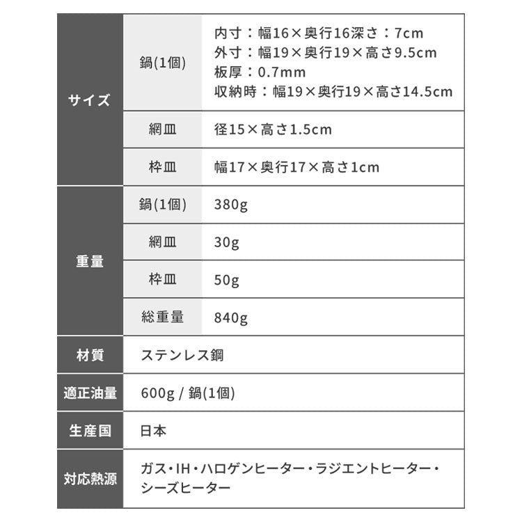 日本製 燕三条 取っ手も場所を取らない 油ターン スクエア 16cm ステンレス製 天ぷら鍋 揚げ鍋 揚げ網 オイルポット兼用 ガス火 IH対応 食洗機対応 2~4人分 四角 揚げ物 コンパクト 仕切り A-78063