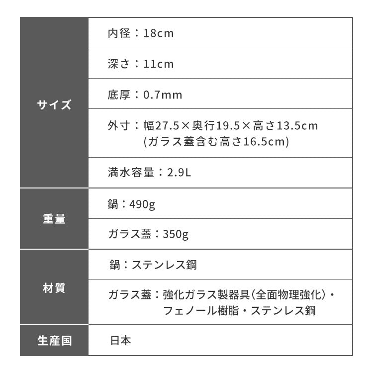 日本製 燕三条 ステンレスマルチポット 18cm 深型 ガラス蓋付き ガス火 IH対応 2.9L 逸品物創 ステンレス製 鍋 コンパクト スリム 片手鍋 揚げ鍋 天ぷら鍋 フライパン ミルクパン 78203