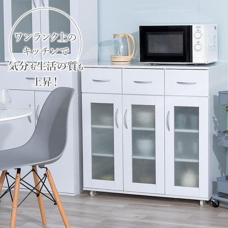 鏡面仕上げ キャスター付き キッチンカウンター 幅89cm ベル カウンター ガラス扉 レンジ台 カップボード キッチンキャビネット レンジ台 キッチン収納(代引不可)