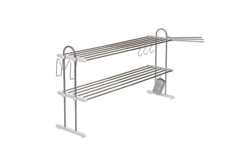 伸縮式 水切りラック 2段 水切り棚 ふきん掛け/フック/箸立て/まな板スタンド 付属 キッチンラック キッチン収納 キッチンラック シンク収納 シンプル(代引不可)