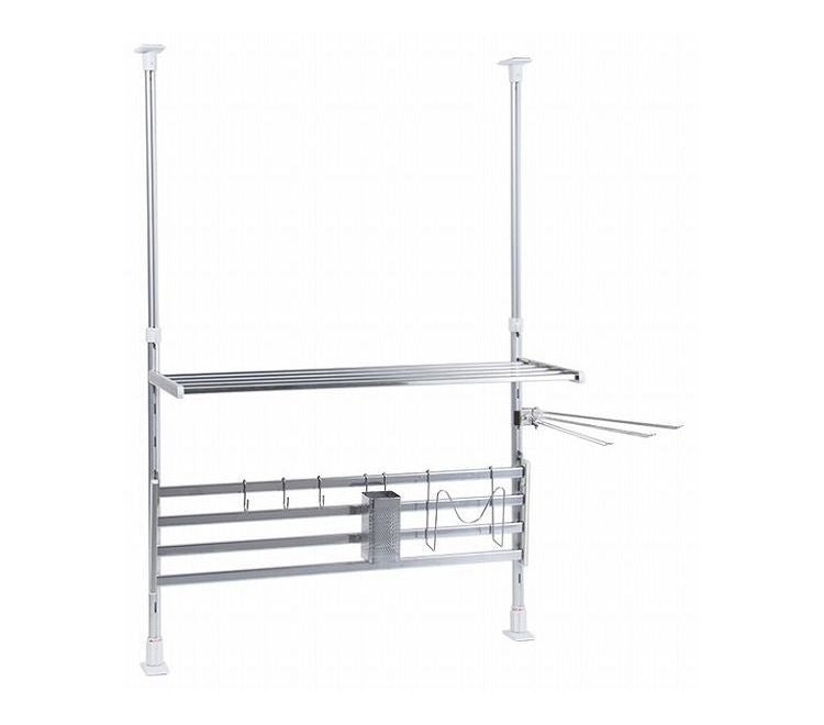 日本製 突っ張り棚 2段 幅61.7cm ふきん掛け/フック/箸立て/まな板スタンド 付属 キッチンラック 突っ張りラック つっぱりラック キッチン収納 キッチンラック 壁面収納 シンク収納 シンプル(代引不可)