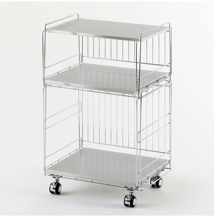 下村企販 日本製 燕三条 ステンレス棚のスタッキングワゴン 2段 キッチンワゴン ストッカー キッチンラック バスケット かご キャスター 頑丈 ステンレス スタッキングワゴン