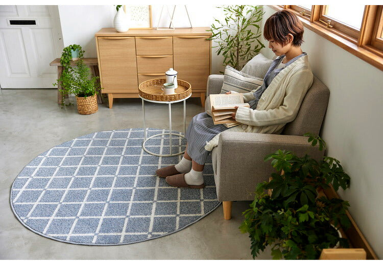 日本製 ラグ 円形 直径150cm 丸 滑り止め オセロ チェック柄 カラーライン タフトラグ ブルー オレンジ ホワイト 国産 スミノエ Suminoe 北欧 モダン シンプル おしゃれ(代引不可)