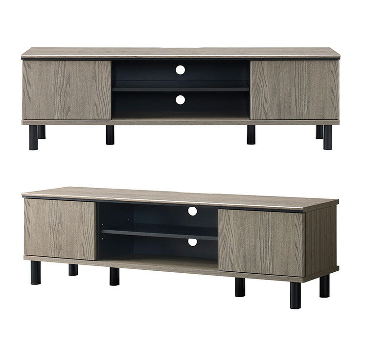 テレビ台 グレー×黒 約幅140 脚付き 木製 収納家具 TVボード AV収納 ロータイプ グレー調 ブラック モダンインテリア グレージュ(代引不可)