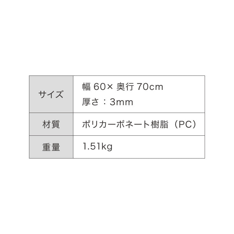 冷蔵庫マット ポリカーボネート S 60×70cm 3mm厚 防カビ 床保護 キズ防止 防汚 撥水 防水 防振 防音 耐衝撃 床暖房対応 クッションフロア対応 250L~450L冷蔵庫対応 冷蔵庫パネル クリアマット【送