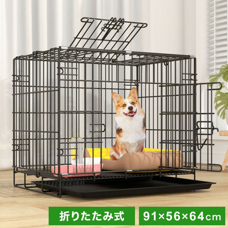犬 ケージ 屋根付き 折りたたみ 幅91 高さ64cm 天井開閉 ツードア