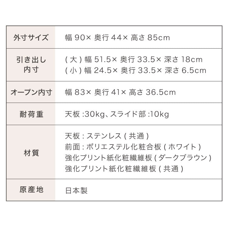 日本製 キッチンカウンター ステンレス天板 完成品 幅90 間仕切りキャスター付き スライド棚 コンセント付き 食器棚 一人暮らし 国産 キッチンボード おしゃれ(代引不可)