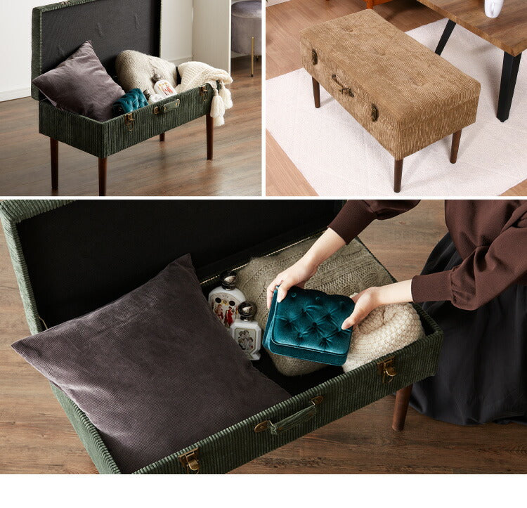 トランクベンチ コーデュロイ 幅80cm トランク型 収納スツール 収納ボックス オットマン ビロード ファブリック 腰掛 腰掛け かわいい おしゃれ お洒落 1人掛け 2人掛け 収納付き フタ付 蓋付 玄関