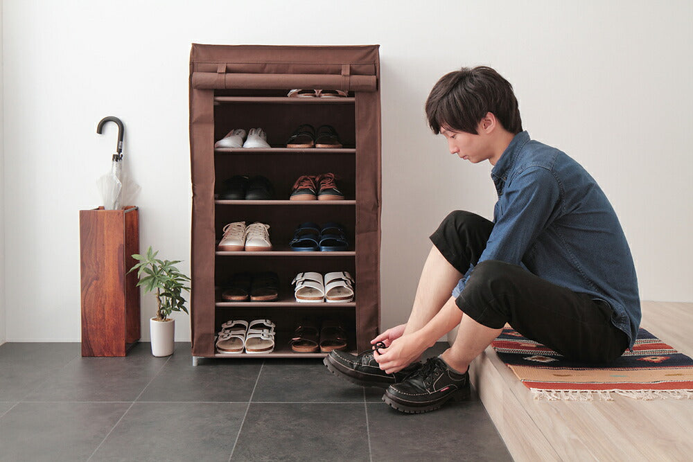 シューズラック 6段 スリム 幅60cm 省スペース 最大18足 不織布カバー付 撥水 可動棚 軽量 薄型 組立簡単 工具不要 シンプル ブラウン ロールアップ式カバー シューズボックス 下駄箱 靴入れ 玄関収納