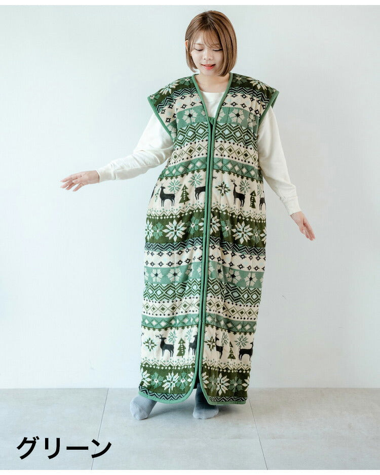 あったか着る毛布 ノルディック柄 吸湿発熱 毛布スリーパー ロング 65×130cm 北欧柄 エンジ グリーン 冬 あったか 着るブランケット(代引不可)