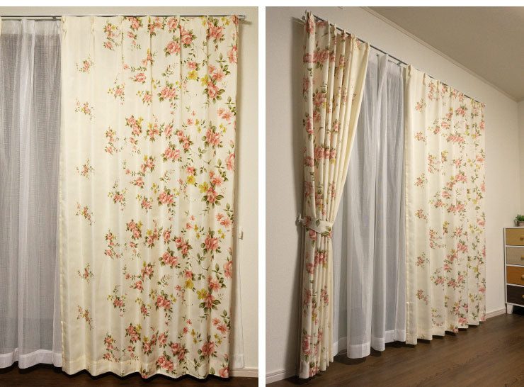 カーテン 【2カラー×4サイズ 4枚セット】 花柄 フラワー アシンメトリー ウォッシャブル 遮熱 カーテン 遮熱カーテン 洗える(代引不可)