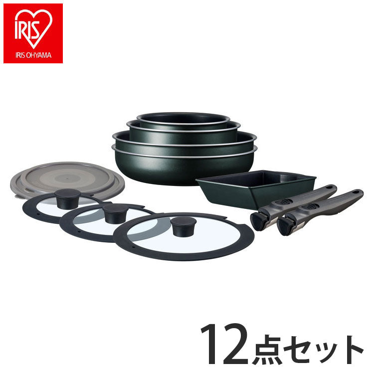 アイリスオーヤマ TERACOAT テラコート フライパンセット 12点セット EHDC-T12S ダークグリーン 取っ手のとれる 着脱 フライパン 鍋 セット IRIS OHYAMA(代引不可)