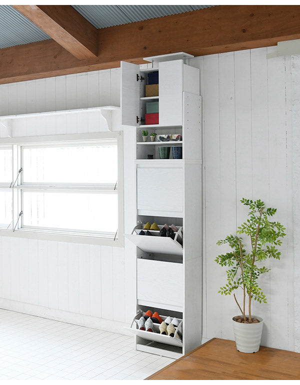 下駄箱 スリム 4段 上置き付き つっぱり フラップ 扉 付き 幅49 奥行29 高さ237~250 大容量 最大24足 薄型 靴箱(代引不可)