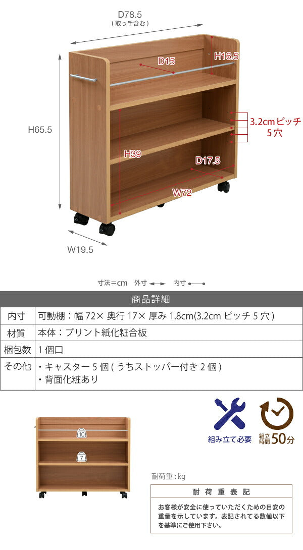 押入れ 収納 ラック 本棚 2個セット 幅19 奥行78 キャスター付き ワゴン 整理 隙間 家具 押入れ 収納 リビング ブラウン(代引不可)