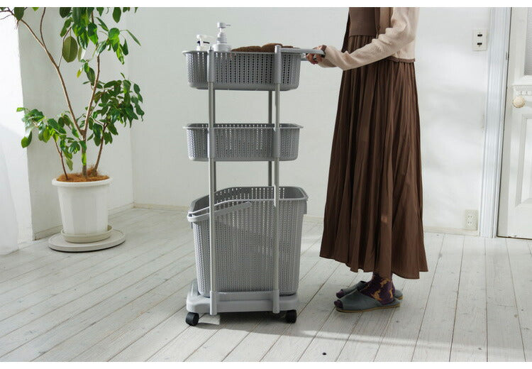 ラタン調 ランドリーバスケット 樹脂製 3段 浅型 キャスター付き ニット調 ランドリーラック ワゴン ランドリー収納 サニタリー収納 脱衣所 洗面所 リビング(代引不可)