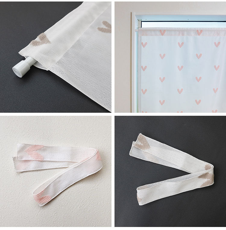 日本製 小窓レースカーテン 約巾70cm×丈90cm 小窓 出窓 カフェカーテン 遮熱 断熱 UVカット 目隠し 北欧調 ハート柄 人気 エコリエ(R) 小窓用ミラーレースカーテン 共生地リボン付き キッチン トイレ(代引不可)