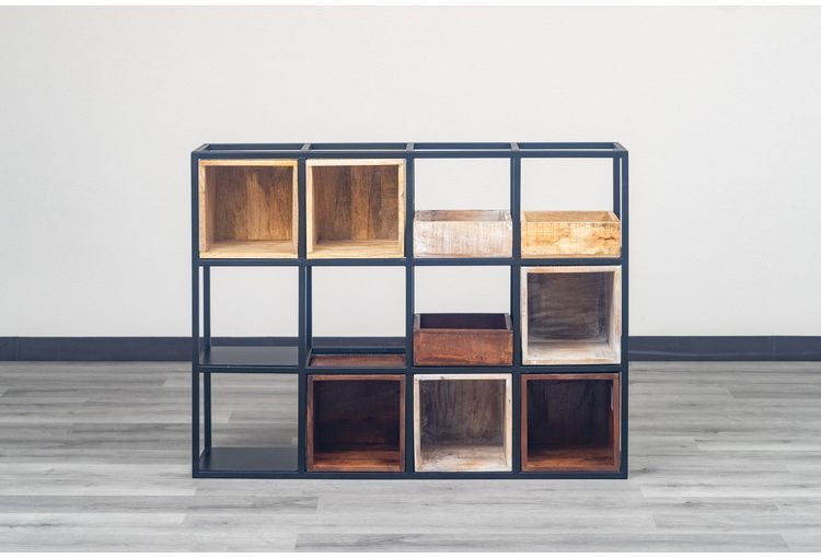 シェルフ 組み合わせ自由 幅122cm ボックス トレー付き 天然木 アイアン スチール おしゃれ 北欧 シンプル ヴィンテージ 飾り棚 雑貨 オープンラック 新生活 一人暮らし(代引不可)