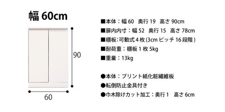 日本製 カウンター下収納 ロータイプ 幅60cm 奥行19cm キャビネット 3カラー 窓下収納 キッチン カウンター 収納 国産 シンプル モダン おしゃれ (代引不可)