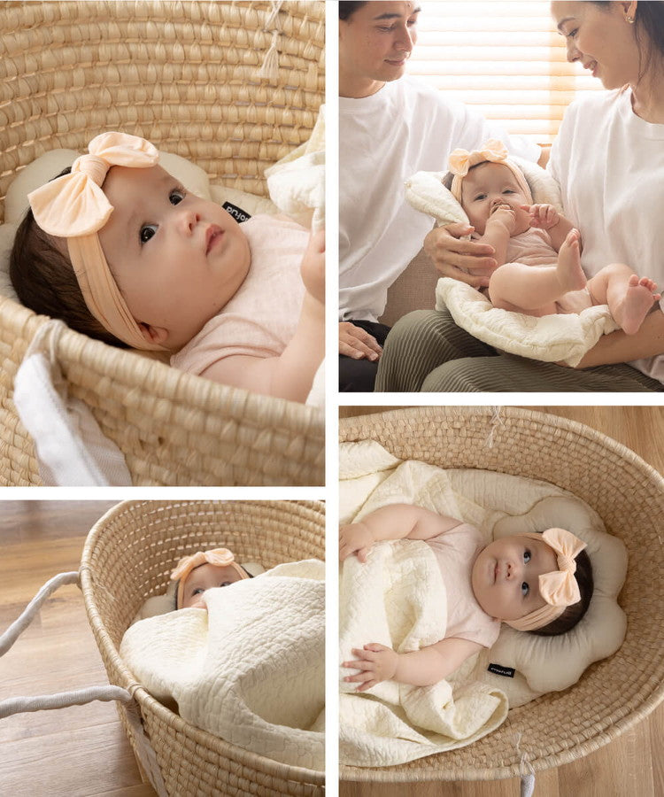 イブル 3点セット 天然コーン手編みクーファン+抱っこ布団+ベビー枕 赤ちゃん 綿100% 洗える ベビーベッド オールシーズン 新生児 外出 布団 かご クーハン 丈夫 移動 mofua モフア 出産祝い