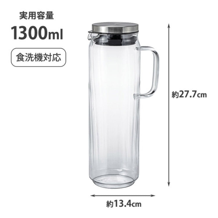 HARIO ウォータージャグ 1300ml 耐熱ガラス 食洗機対応 ピッチャー ピッチャー 麦茶ポット ステンレス フタ 取っ手付き 冷水筒 冷水ポット ドアポケット 扉 熱湯OK 縦ライン スタイリッシュ おしゃれ