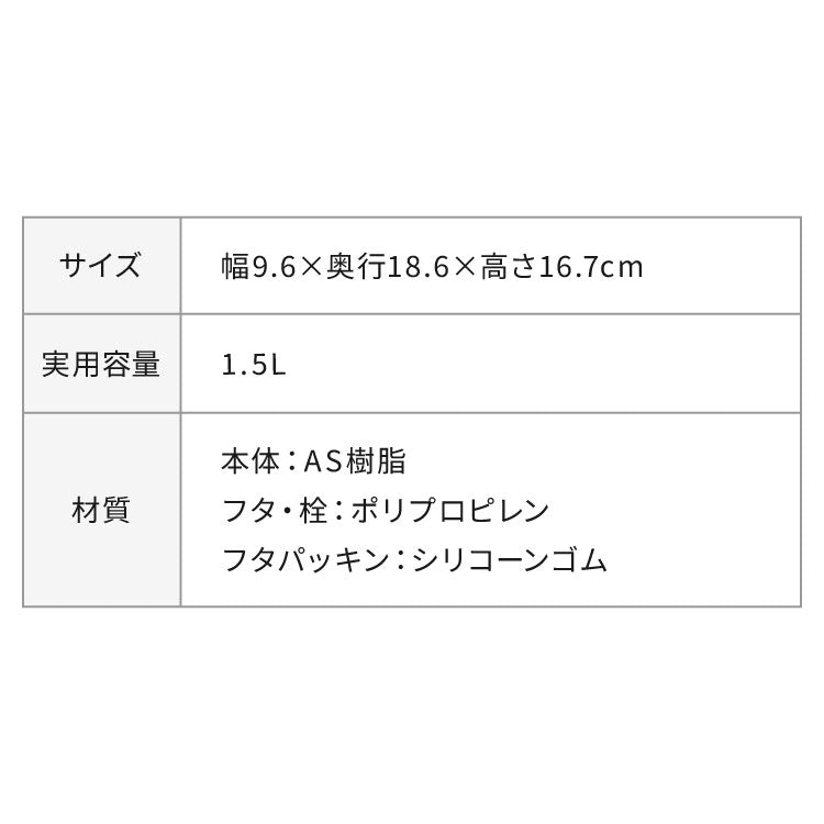 冷水筒 耐熱 ウォーターピッチャー 1.5L 食洗機対応 ウォータージャグ 麦茶ポット 冷蔵庫 扉 棚 収納 1.5リットル コンパクト スリム ハンドル パッキン付き 熱湯OK 広口 サーバー ワンプッシュ