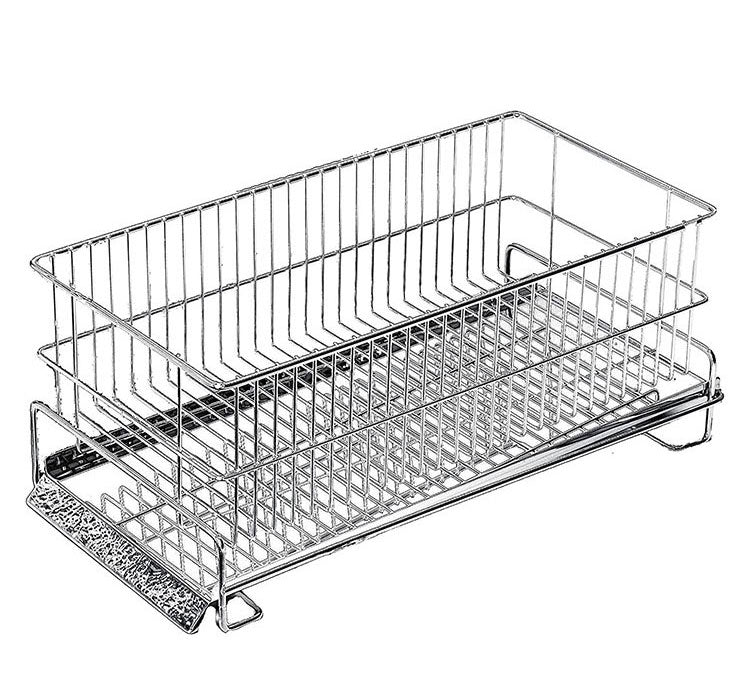 日本製 燕三条 水切りラック かご単品 シンク横 水が流れるトレー付き スリム 横置き 37×19cm オールステンレス 水切りかご 水切りカゴ(代引不可)