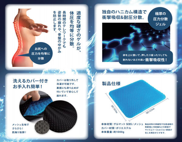 AIR-G 極厚ゲルクッション 極厚1.5倍 二重ハニカム構造 メッシュカバー付きジェルクッションシート 青いゲルクッション 特大 2020 スクエア カバー 体圧分散 サポート 無重力 デスクワーク 在宅勤務 釣り 船 座布団 座椅子 車 ギフト