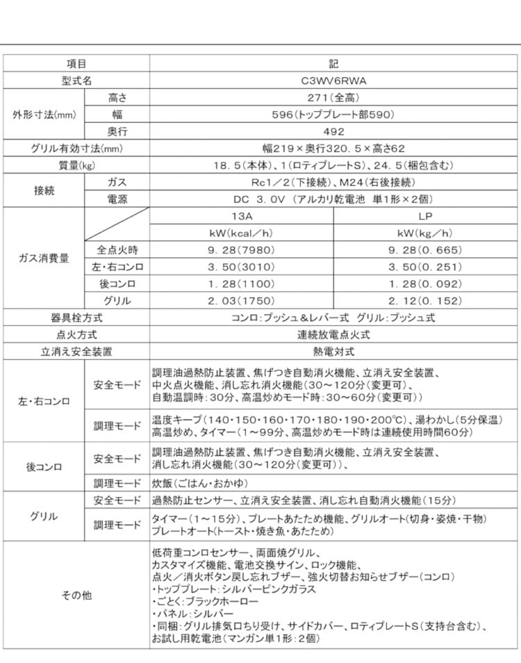 ビルトインガスコンロ 両側強火タイプ 3口 ノーリツ N3WV6RWAP3SIC LP シルバーピンク ガラストップ Mikke キッチン