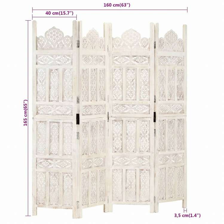 vidaXL 手彫り間仕切り 4枚パネル ホワイト 160x165cm マンゴー無垢材家具 間仕切り(代引不可)