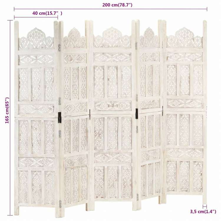 vidaXL 手彫り間仕切り 5枚パネル ホワイト 200x165cm マンゴー無垢材家具 間仕切り(代引不可)