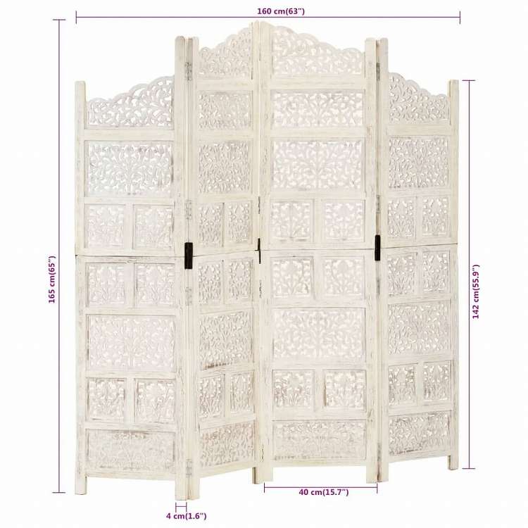 vidaXL 手彫り間仕切り 4枚パネル ホワイト 160x165cm マンゴー無垢材家具 間仕切り(代引不可)