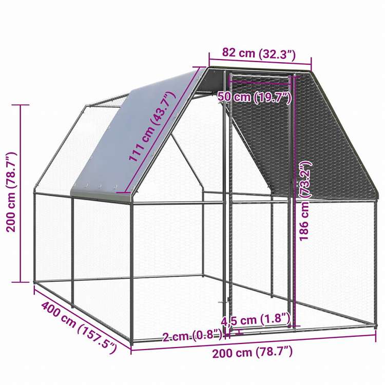 vidaXL 屋外鶏用ケージ 2x4x2m 亜鉛メッキ鋼製Animals & Pet Supplies ペット用品 小動物用品 小動物 飼育・ケージ(代引不可)