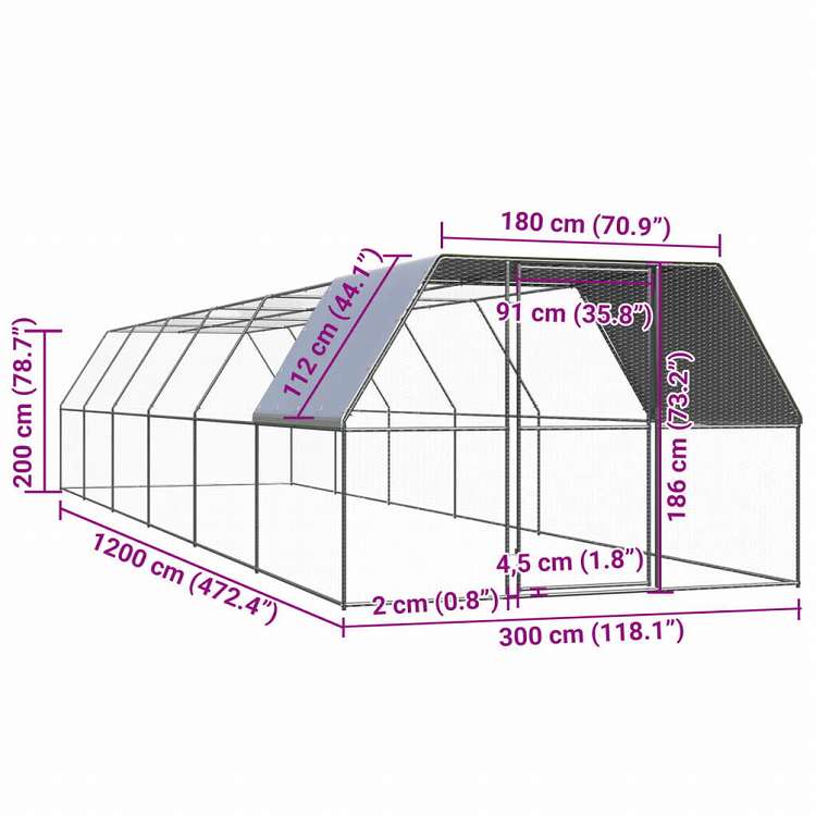 vidaXL 屋外鶏用ケージ 3x12x2 m 亜鉛メッキ鋼製動物&ペット用品 ペット用品 小動物用品 小動物 飼育・ケージ(代引不可)
