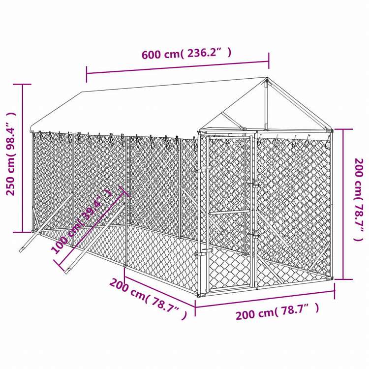 vidaXL 屋外犬小屋 屋根付き シルバー 2x6x2.5 m 亜鉛メッキ鋼製動物&ペット用品 ペット用品 犬用品 犬小屋・ドッグラン(代引不可)