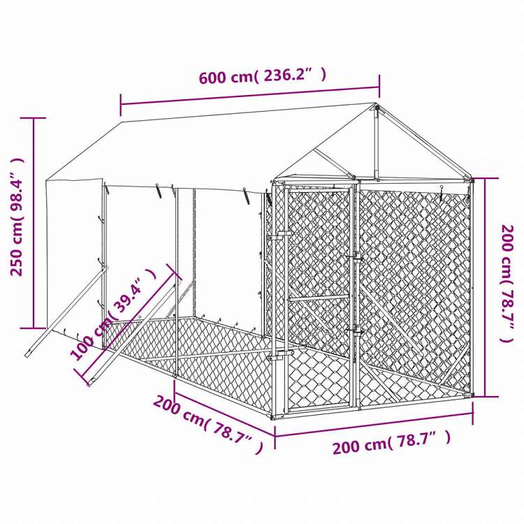 vidaXL 屋外犬小屋 屋根付き シルバー 2x6x2.5 m 亜鉛メッキ鋼製Animals & Pet Supplies ペット用品 犬用品 犬小屋・ドッグラン(代引不可)