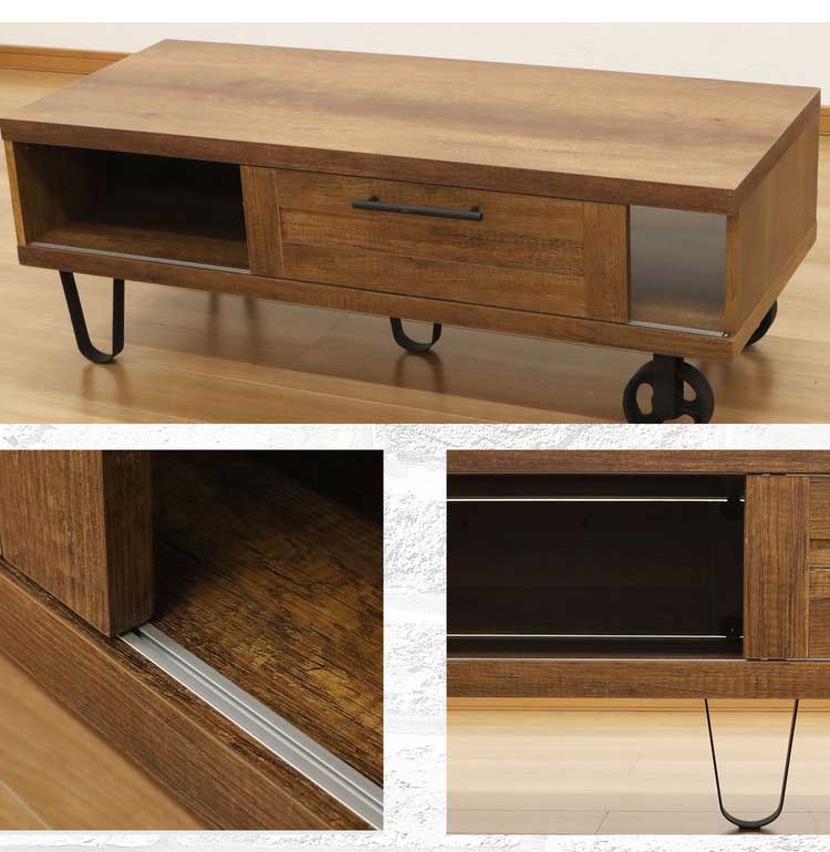 センターテーブル テーブル リビングテーブル コーヒーテーブル 机 テーブル 幅120 ブラウン スライド扉 ヴィンテージ インダストリアル ミッドセンチュリー(代引不可)