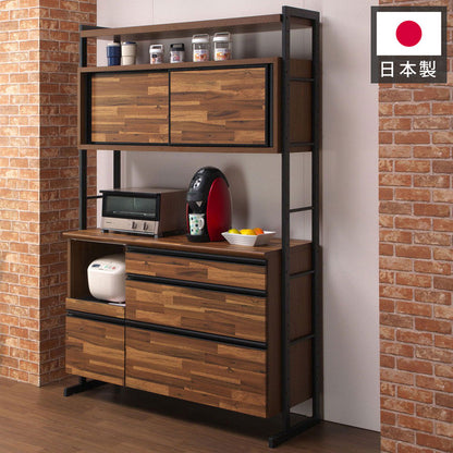 食器棚 キッチンボード 幅124 奥行48 高さ196 アカシア 木目 引き戸 国産 高さ調節 おしゃれ アイアン モイス加工 レンジ台 レンジボード 大容量 キッチン 収納(代引不可)