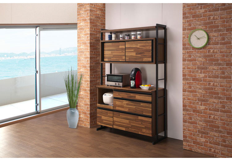 食器棚 キッチンボード 幅124 奥行48 高さ196 アカシア 木目 引き戸 国産 高さ調節 おしゃれ アイアン モイス加工 レンジ台 レンジボード 大容量 キッチン 収納(代引不可)