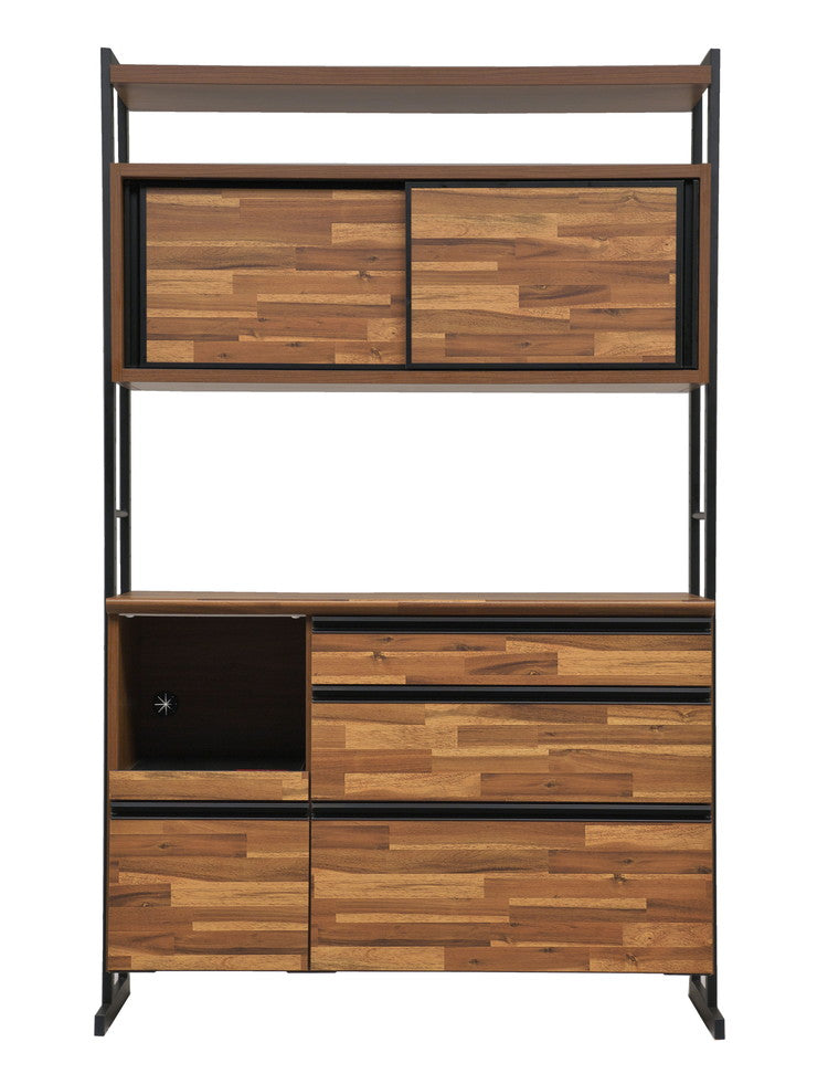 食器棚 キッチンボード 幅124 奥行48 高さ196 アカシア 木目 引き戸 国産 高さ調節 おしゃれ アイアン モイス加工 レンジ台 レンジボード 大容量 キッチン 収納(代引不可)