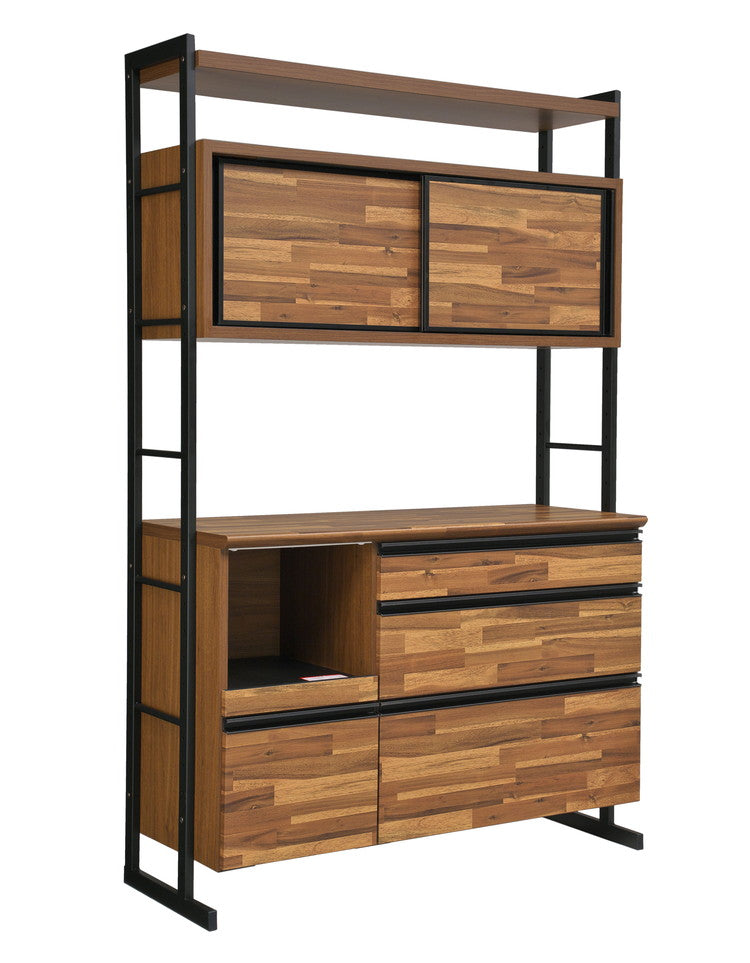 食器棚 キッチンボード 幅124 奥行48 高さ196 アカシア 木目 引き戸 国産 高さ調節 おしゃれ アイアン モイス加工 レンジ台 レンジボード 大容量 キッチン 収納(代引不可)