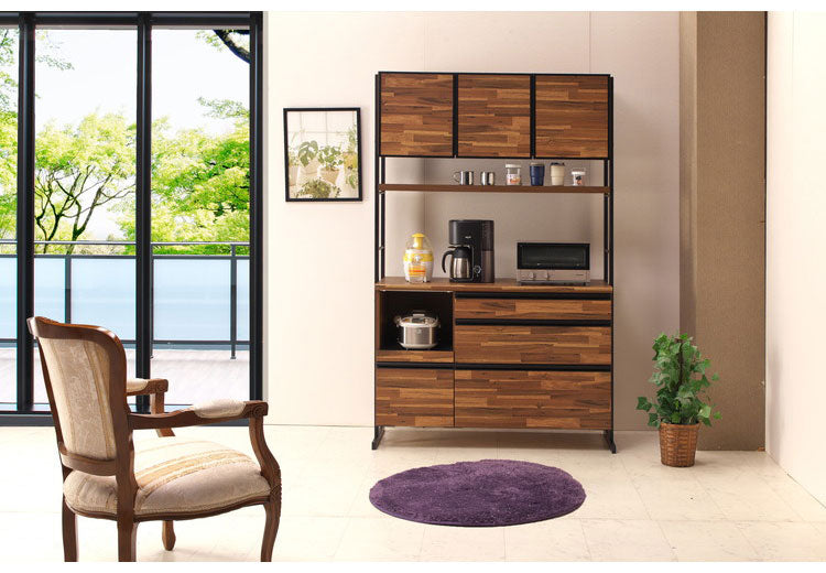 食器棚 キッチンボード 幅124 奥行48 高さ196 アカシア 木目 開き戸 国産 高さ調節 おしゃれ アイアン モイス加工 レンジ台 レンジボード 大容量 キッチン 収納(代引不可)