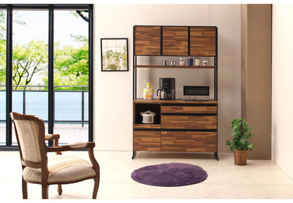 食器棚 キッチンボード 幅124 奥行48 高さ196 アカシア 木目 開き戸 国産 高さ調節 おしゃれ アイアン モイス加工 レンジ台 レンジボード 大容量 キッチン 収納(代引不可)