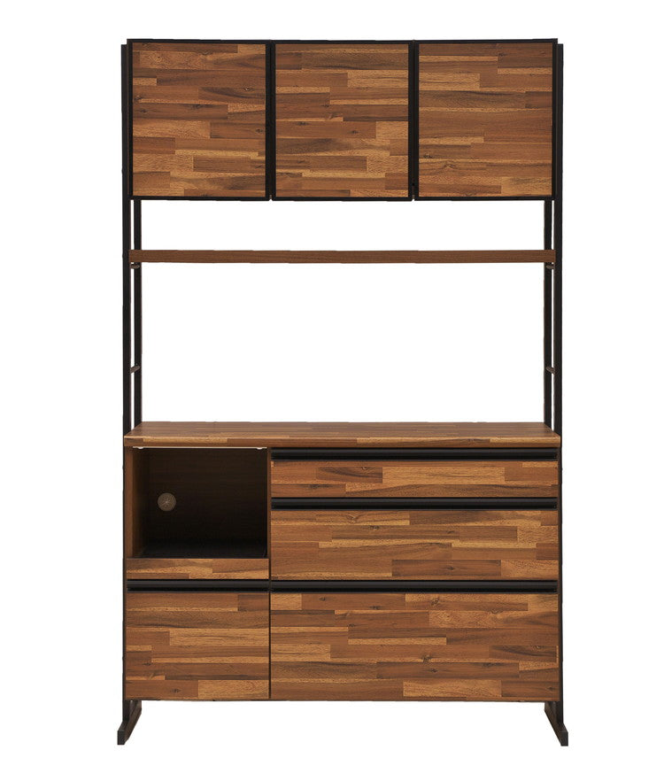 食器棚 キッチンボード 幅124 奥行48 高さ196 アカシア 木目 開き戸 国産 高さ調節 おしゃれ アイアン モイス加工 レンジ台 レンジボード 大容量 キッチン 収納(代引不可)