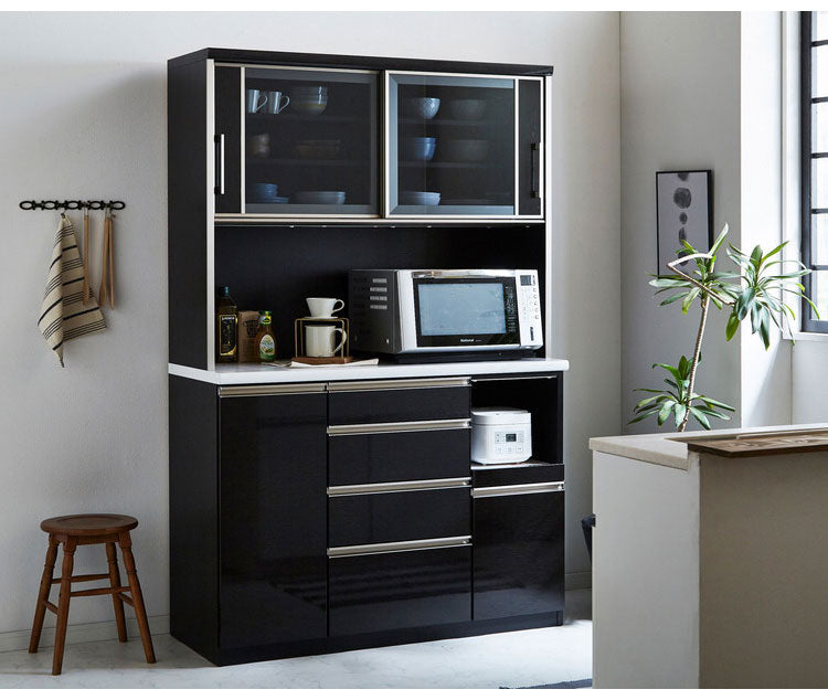 食器棚 キッチンボード 幅120 奥行48 高さ200 完成品 国産 モイス加工 レンジ台 レンジボード 大容量 キッチン 収納 木目 フルオープンレール ホワイト 白 ブラック キングウッド(代引不可)