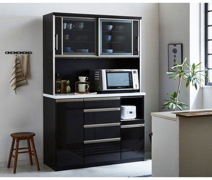 食器棚 キッチンボード 幅120 奥行48 高さ200 完成品 国産 モイス加工 レンジ台 レンジボード 大容量 キッチン 収納 木目 フルオープンレール ホワイト 白 ブラック キングウッド(代引不可)