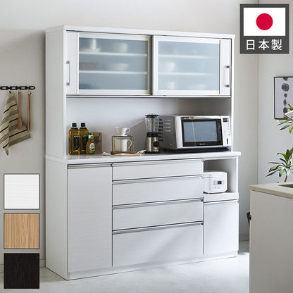 食器棚 キッチンボード 幅150 奥行48 高さ200 完成品 国産 モイス加工 レンジ台 レンジボード 大容量 キッチン 収納 木目 フルオープンレール ホワイト 白 ブラック キングウッド(代引不可)