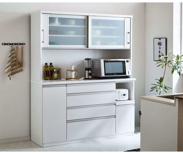 食器棚 キッチンボード 幅150 奥行48 高さ200 完成品 国産 モイス加工 レンジ台 レンジボード 大容量 キッチン 収納 木目 フルオープンレール ホワイト 白 ブラック キングウッド(代引不可)