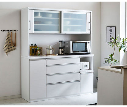 食器棚 キッチンボード 幅150 奥行48 高さ200 完成品 国産 モイス加工 レンジ台 レンジボード 大容量 キッチン 収納 木目 フルオープンレール ホワイト 白 ブラック キングウッド(代引不可)