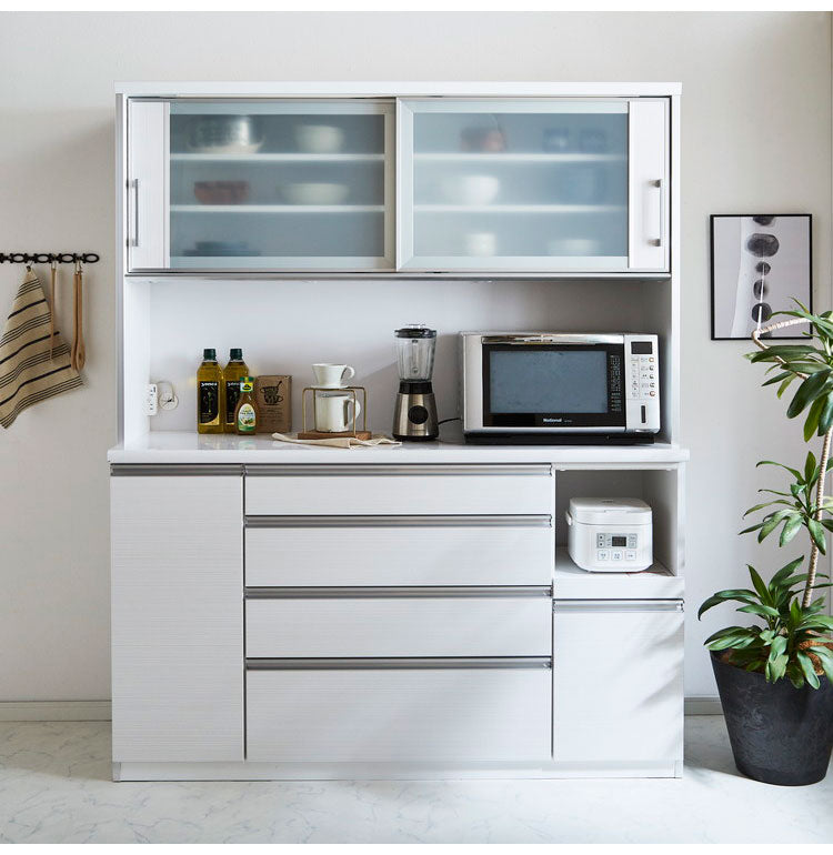 食器棚 キッチンボード 幅150 奥行48 高さ200 完成品 国産 モイス加工 レンジ台 レンジボード 大容量 キッチン 収納 木目 フルオープンレール ホワイト 白 ブラック キングウッド(代引不可)